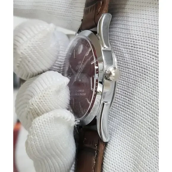 Vintage 1982 Roamer Manual Mens Silver Watch W/Leather Strap & Red accents